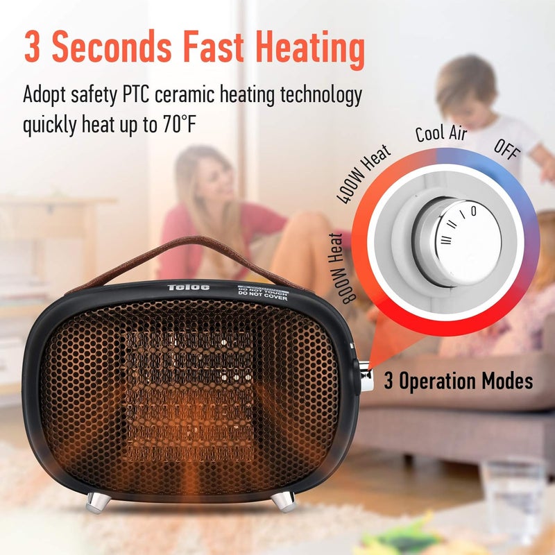 Teioe Space Heater, Mini Electric Space Heater 800W/400W, Small PTC Ceramic Heater with Tip-Over and Overheat Protection, 3 Operating Modes, Space Heaters for Office, Bedroom and Under Desk (BLACK) - Image 3
